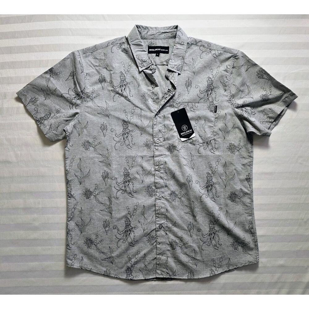 Molokai Surf Co Button Up Shirt XL Octopus Print Gray NWT Short Sleeve
